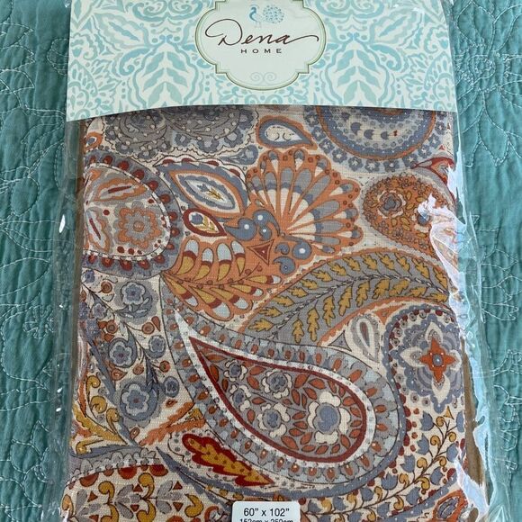 Dena Home round tablecloth Bahia Paisley 70" gold orange gray cream - Picture 2 of 4